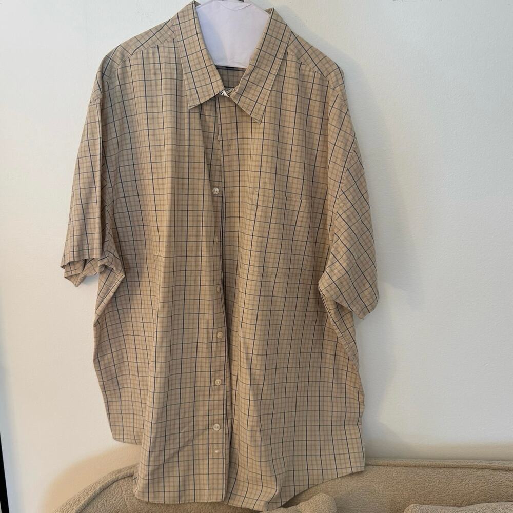 Van Heusen Studio 3XL No Iron Beige Blue Check Short Sleeve Button Down Shirt